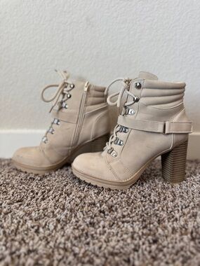 Lace-Up Suede Ankle Boots with Block Heel in Beige